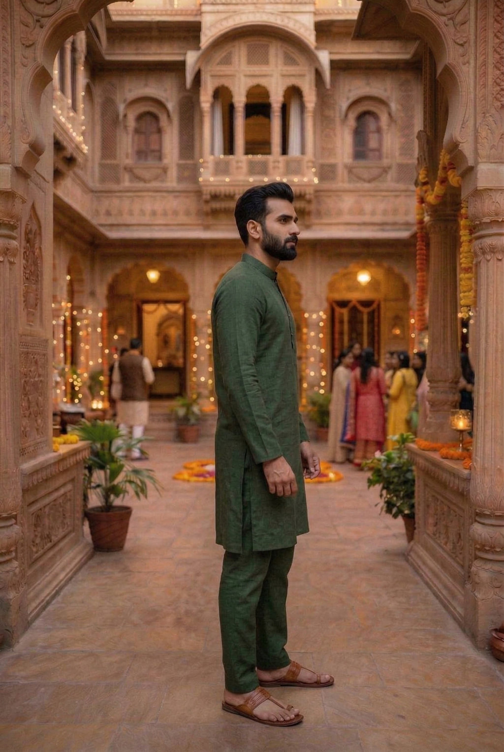 Men's Olive Green Cotton Linen Plain Kurta Pajama  Set