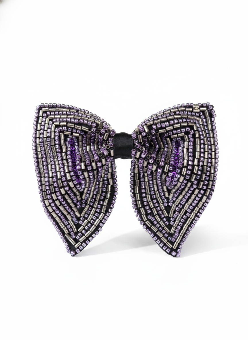 Luxury Black Bowtie with Silver and Purple Geometric Beadwork