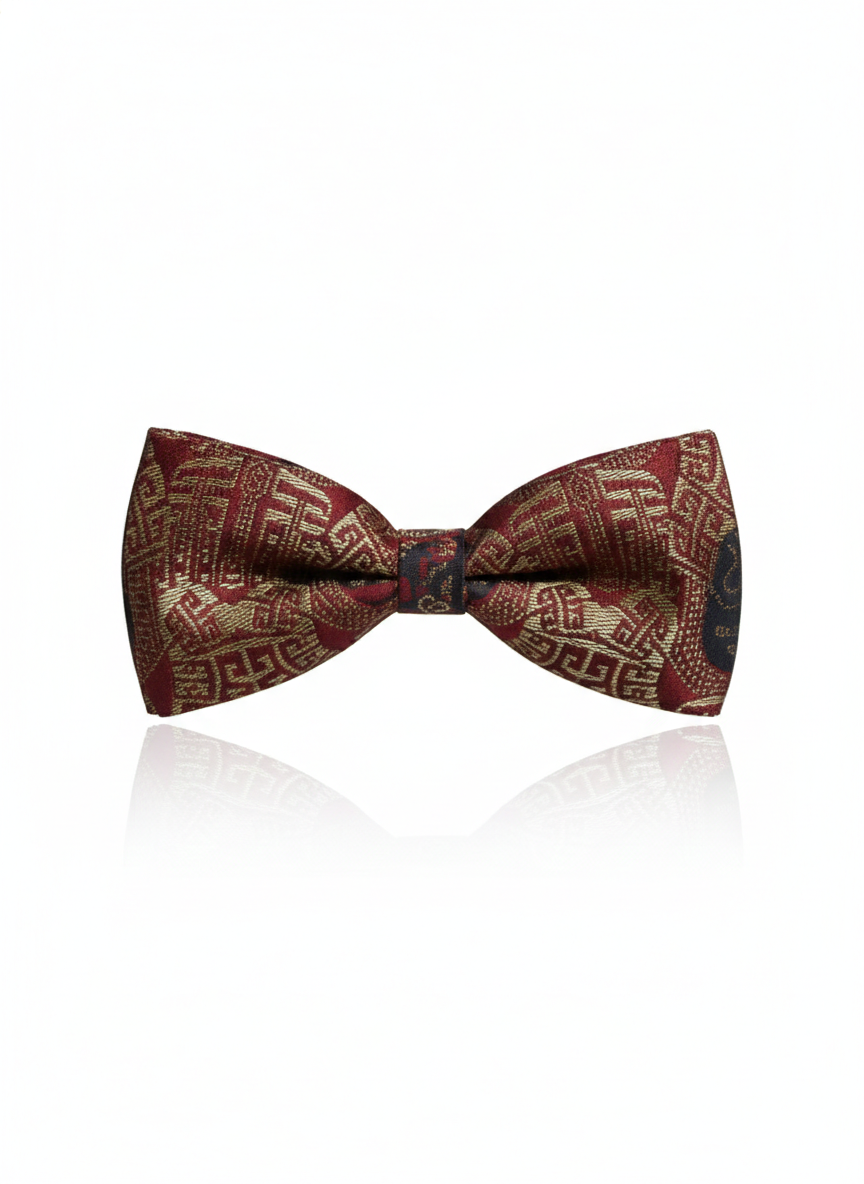 Luxury Burgundy Red and Gold Geometric Oriental Men's Bow Tie