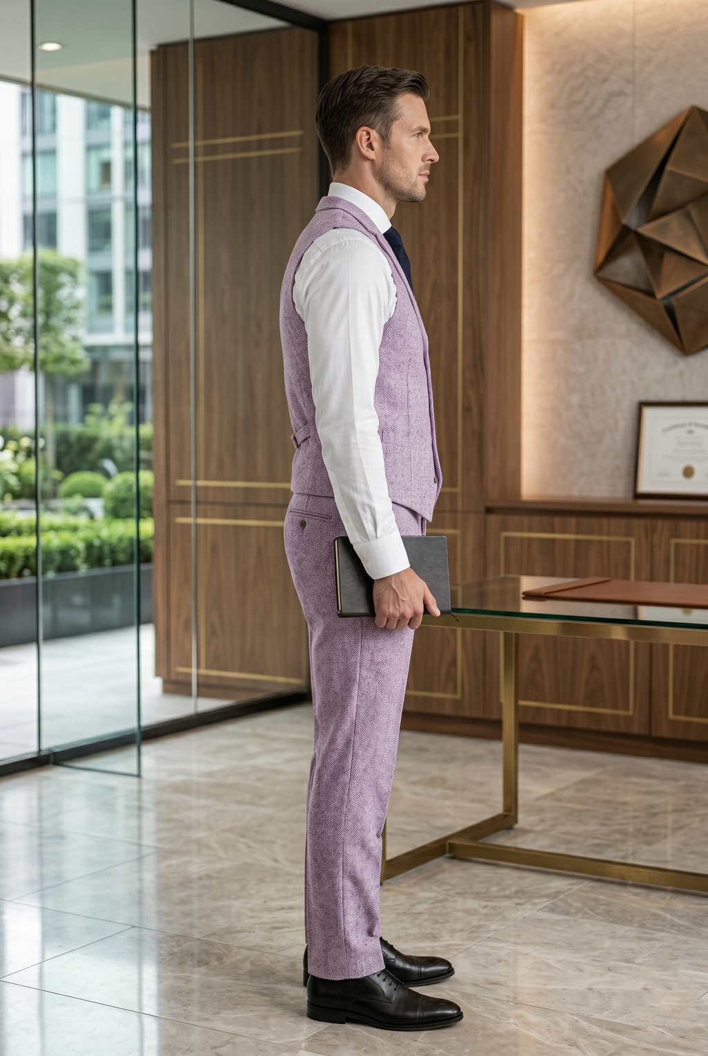 Men's Slim Fit Tweed Waistcoat Vintage Lapel Dress Suit Vest Lavender Purple