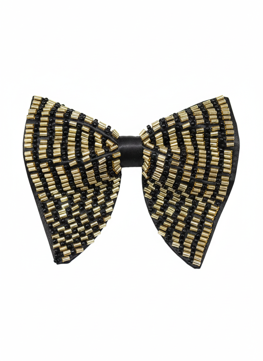 Exquisite Gold and Black Beaded Bow Tie Statement Accessory