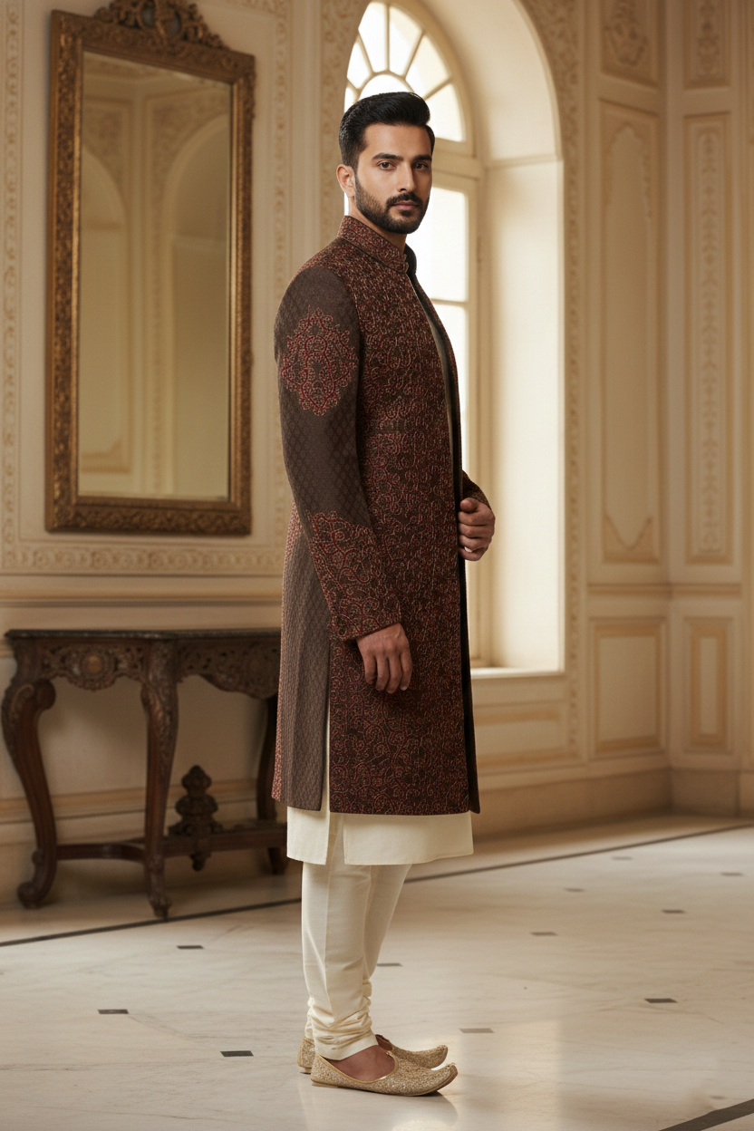 The Terra-Earthy: Dual-Toned Intricate Sherwan