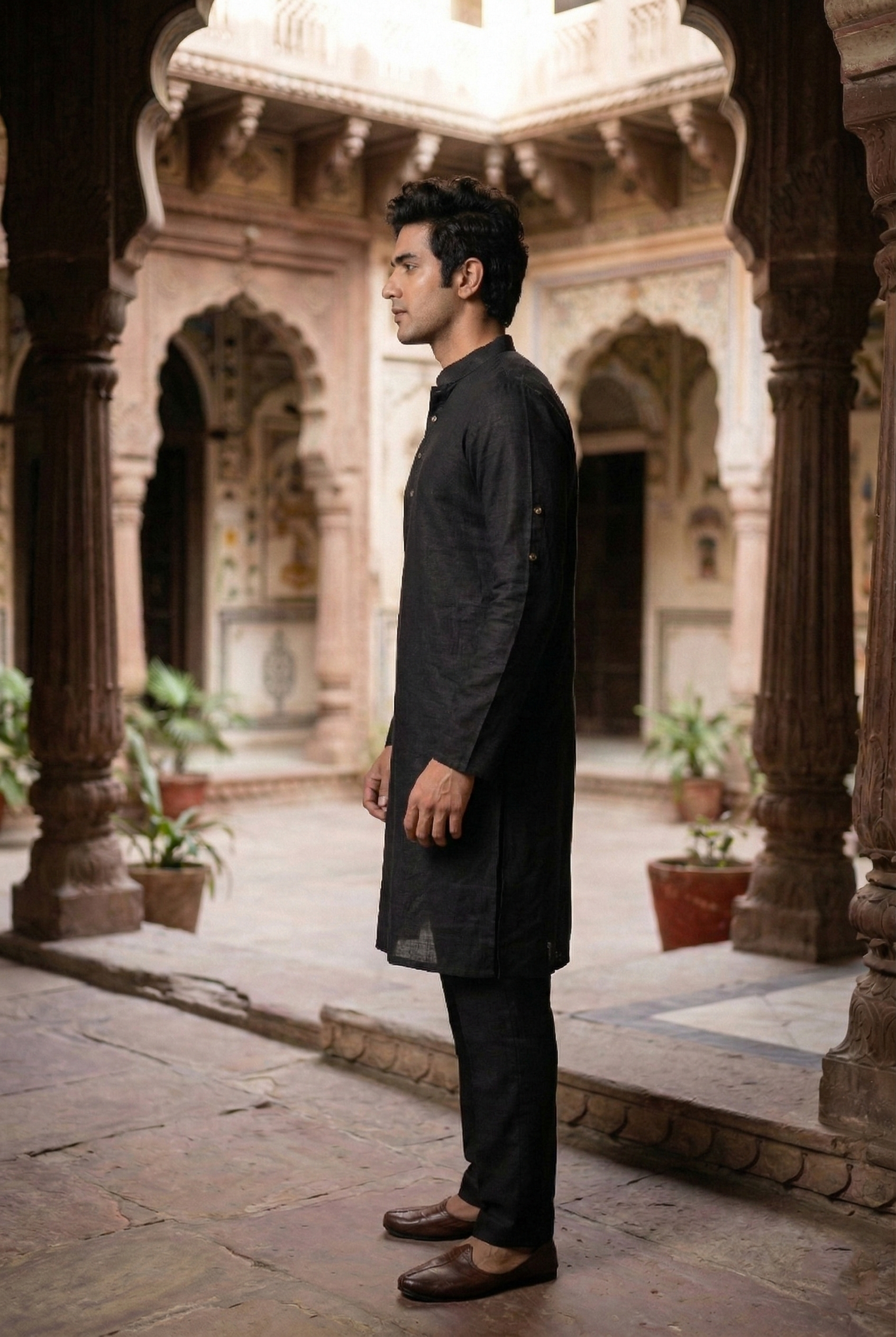 Men's Jet Black Linen-Blend Plain Kurta Pajama Set