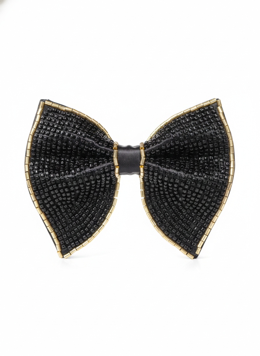 Sophisticated Black and Gold Beaded Bow Tie Luxury Accessory