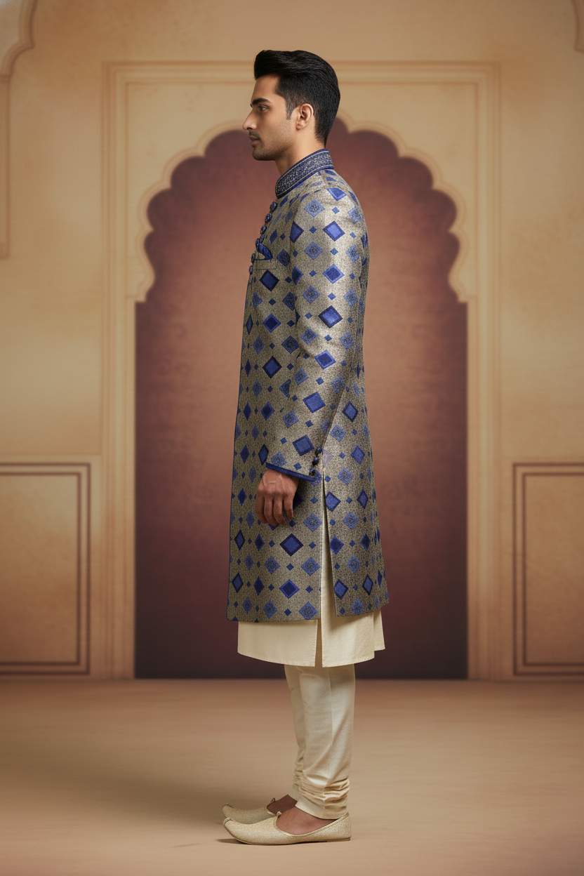 The Cobalt Lattice: Geometric Silk Sherwani