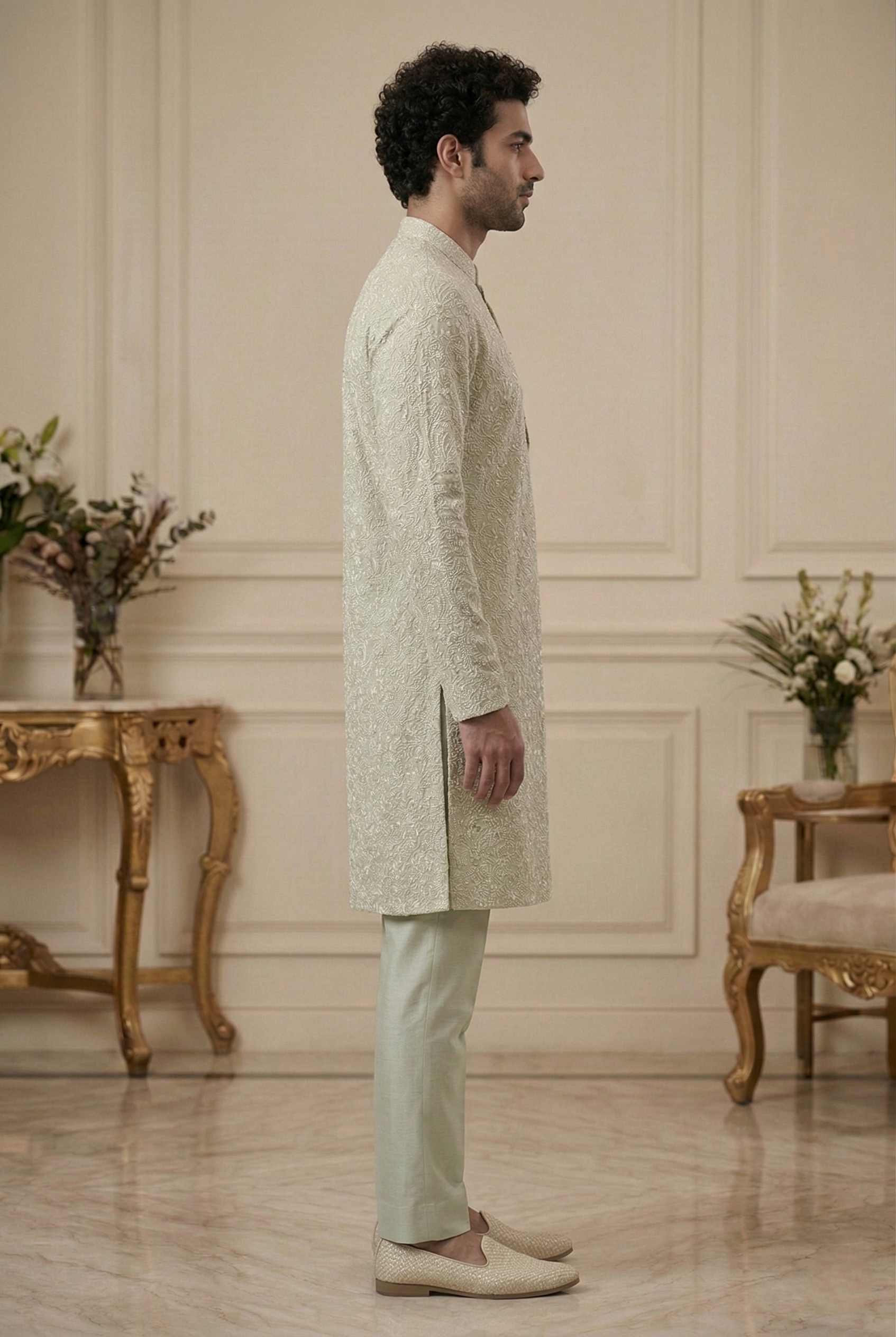 Men’s Mint Green Embroidered Partywear Kurta  Pajama