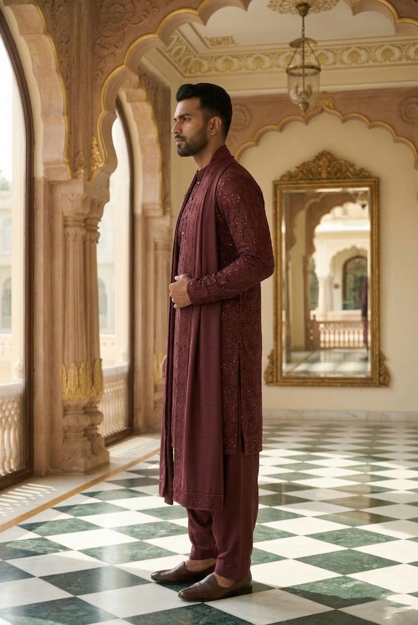 Men's Wine Geometric Sequin Designer Kurta  Pajama