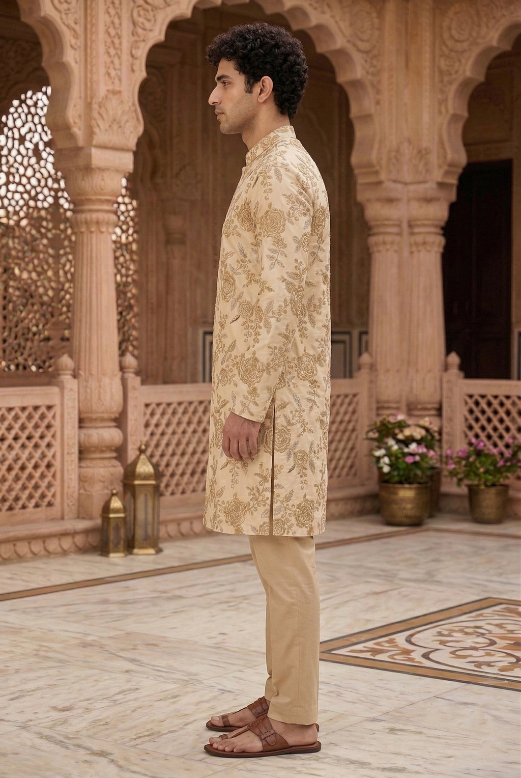 Men's Cream Floral Embroidered Partywear  Kurta Pajama