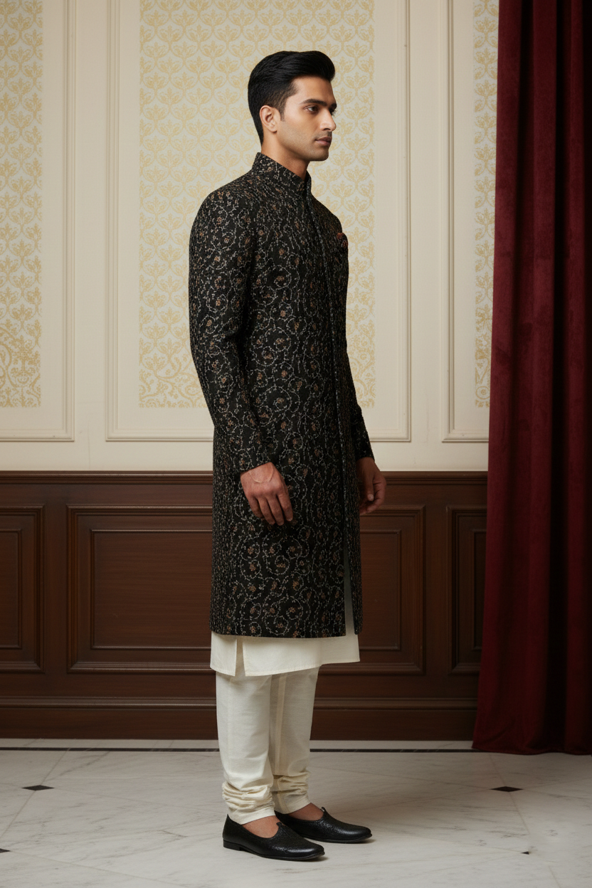 Midnight Forest Hand-Embroidered Designer Sherwani
