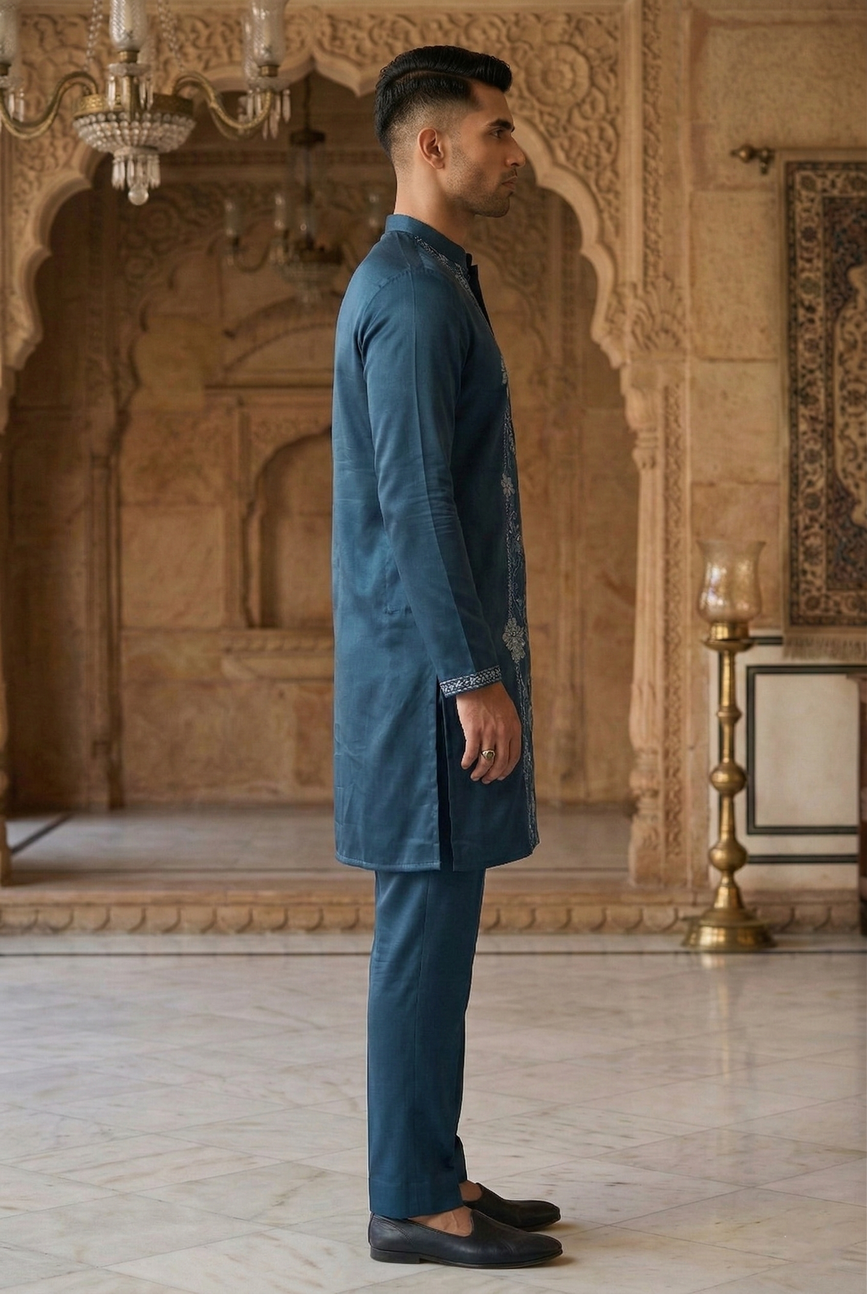 Men's Teal Silk Pintuck Partywear Kurta Pajama