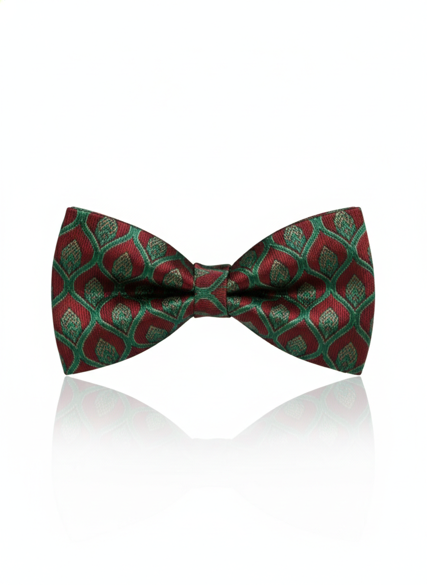 Elegant Burgundy and Green Geometric Pattern Silk Men's Bow Tie