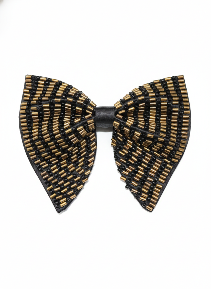 Elegant Black and Gold Beaded Bow Tie Luxury Accessory