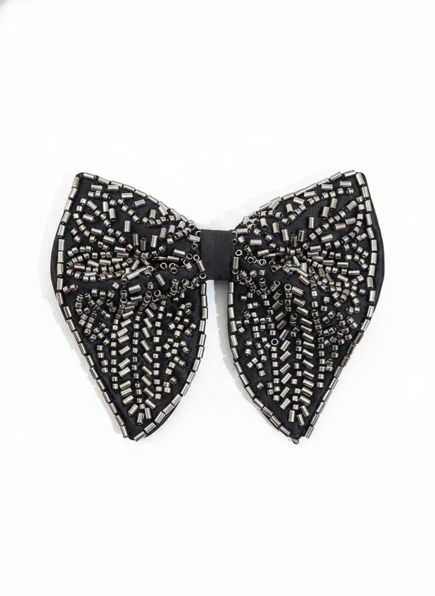 Elegant Black Bowtie with Intricate Silver Bugle Beadwork Pattern