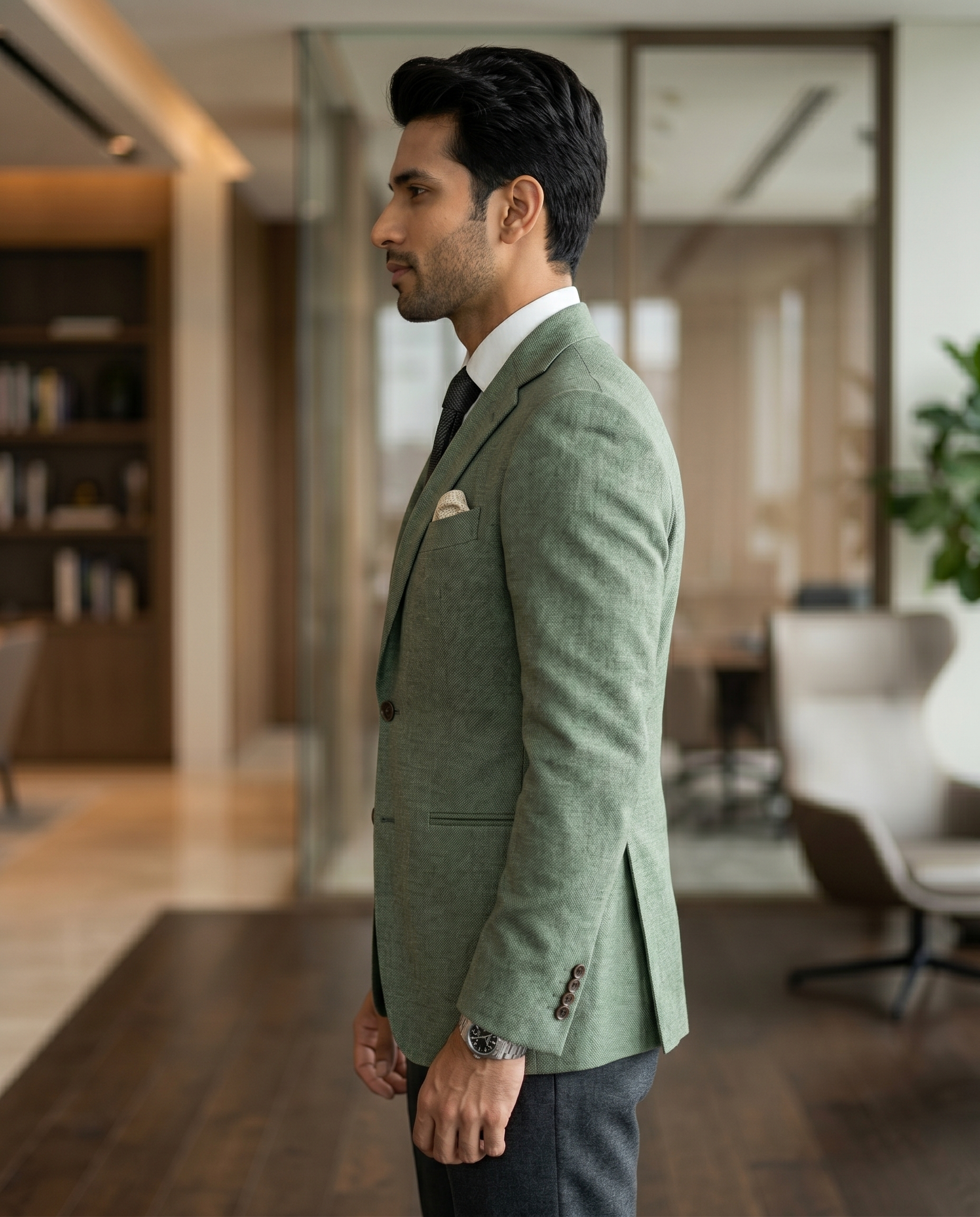 Premium Men's Slim Fit Olive Green Blazer Textured Single Breasted Suit Jacket