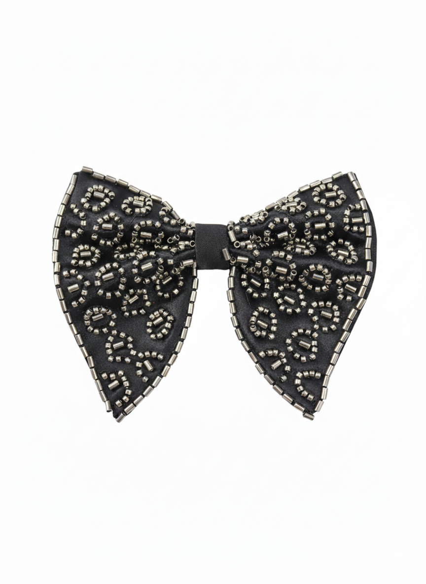 Chic Black Bowtie Featuring Silver Leopard Print Beadwork
