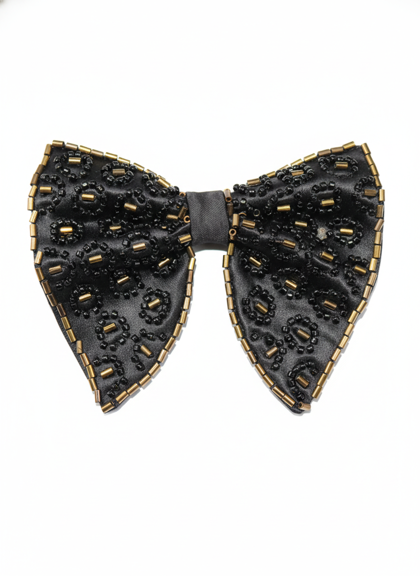 Glamorous Black and Gold Beaded Leopard Pattern Bow Tie