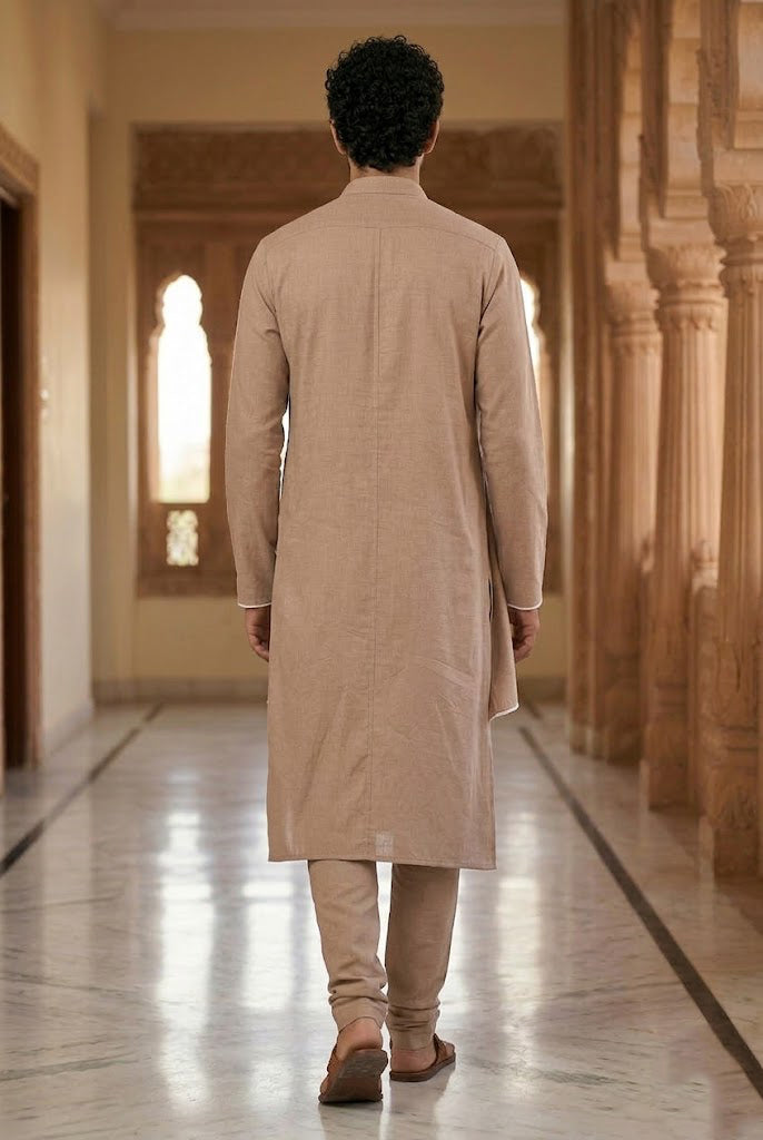 Men's Beige Draped Asymmetric Designer Kurta Pajama