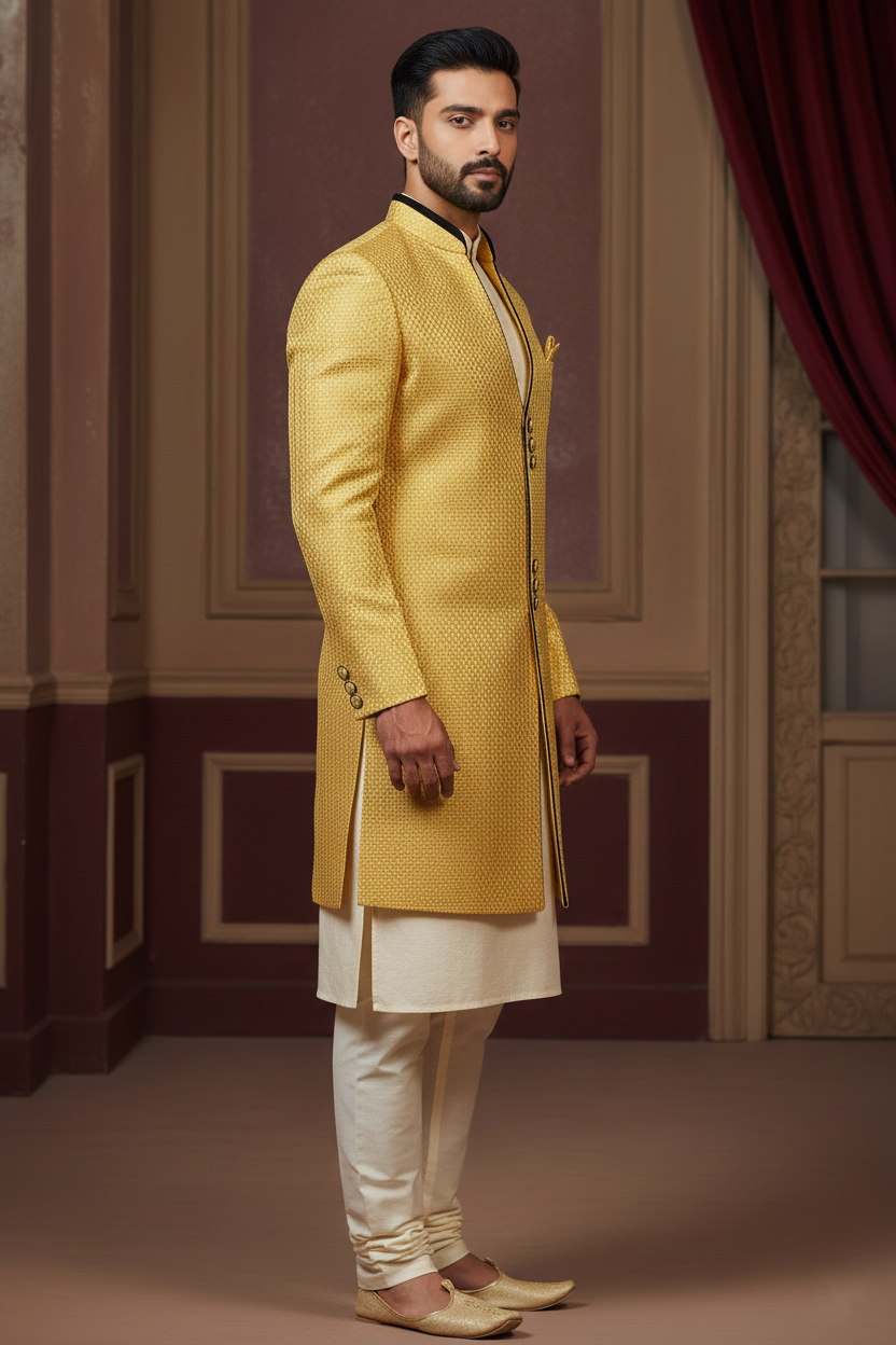 Sun-Kissed Mustard Textured Indo-Western Sherwani