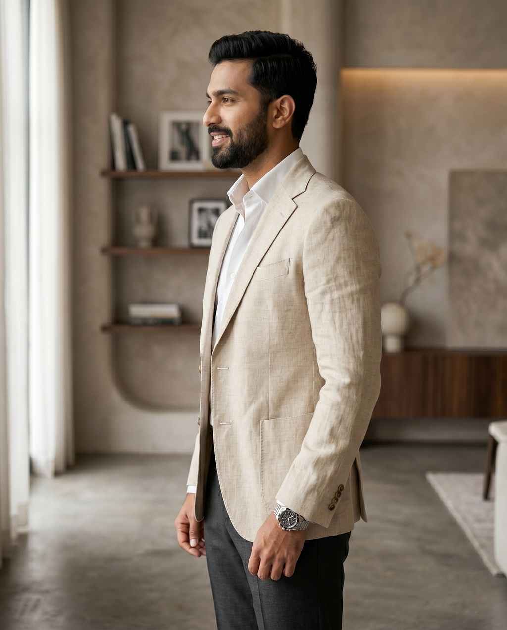 Premium Men's Slim Fit Cream Linen Blazer Textured Single Breasted Suit Jacket