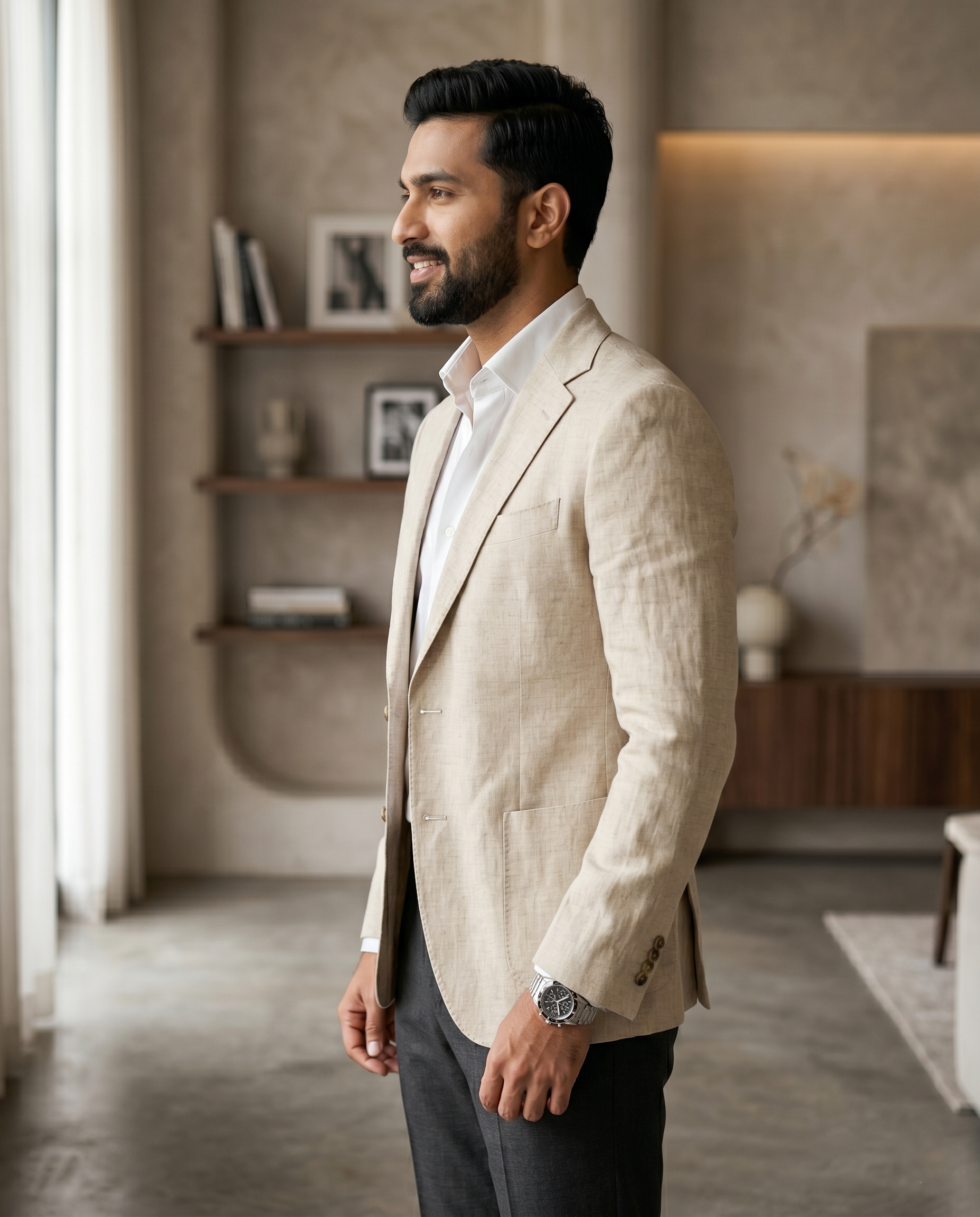 Premium Men's Slim Fit Cream Linen Blazer Textured Single Breasted Suit Jacket