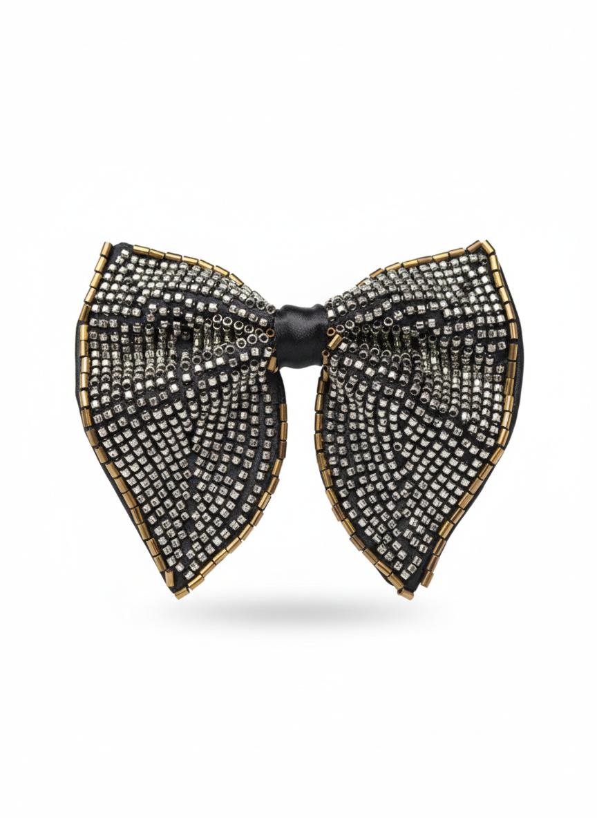 Elegant Silver Gold and Black Beaded Statement Bow Tie