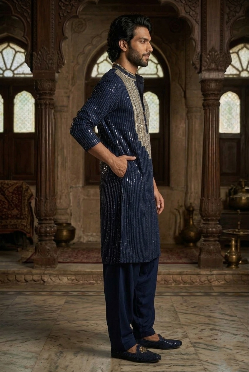 Navy Blue Heavy Sequin Designer Kurta Pajama