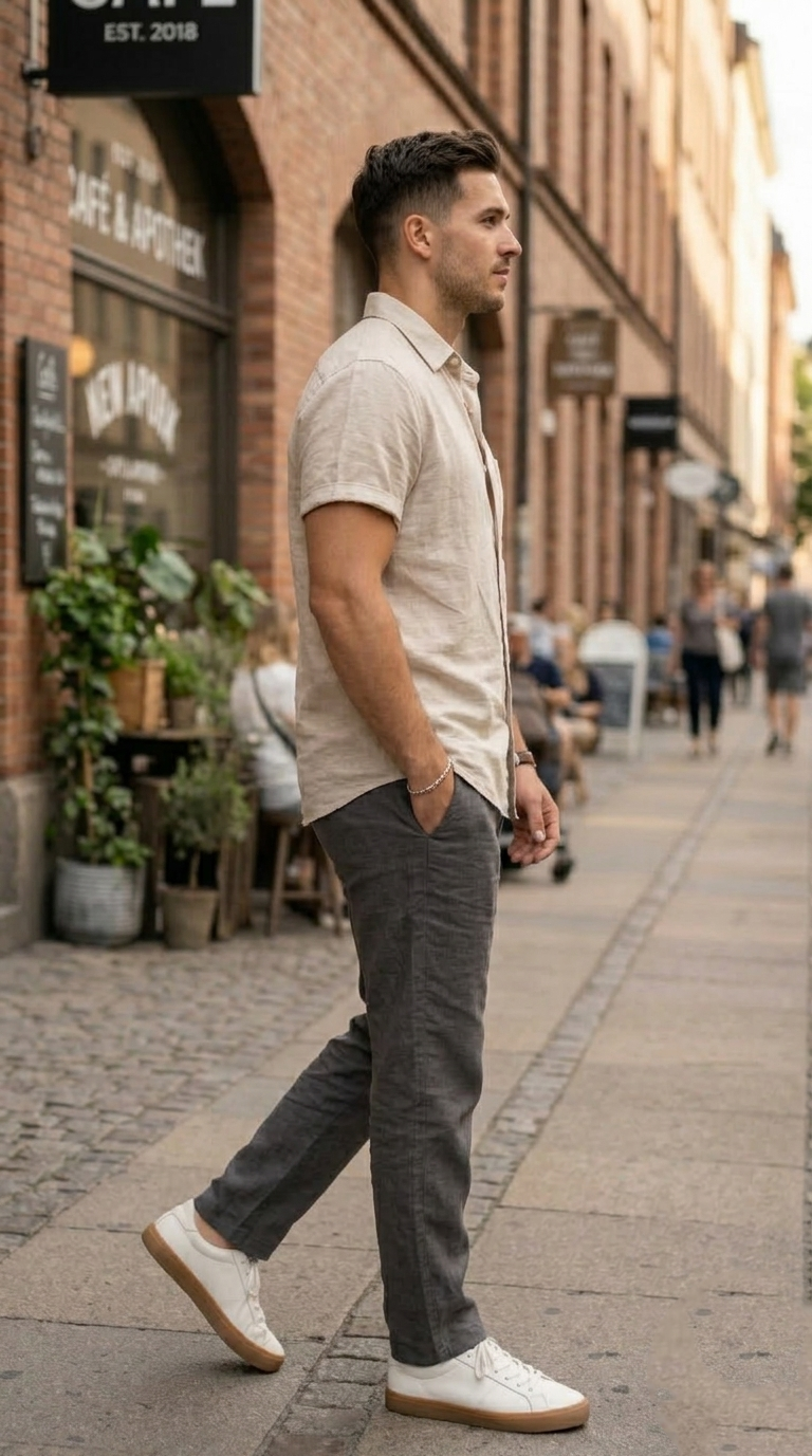 Men’s Light Beige Casual Short Sleeve Shirt – Premium Cotton Summer Shirt for Men | Stylish Relaxed Fit Button down Shirt