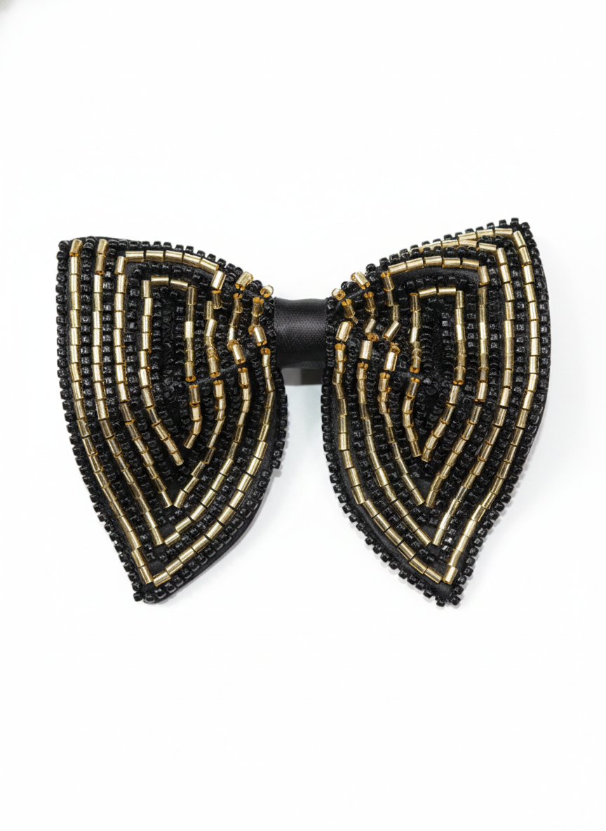 striking Gold and Black Beaded Chevron Statement Bow Tie