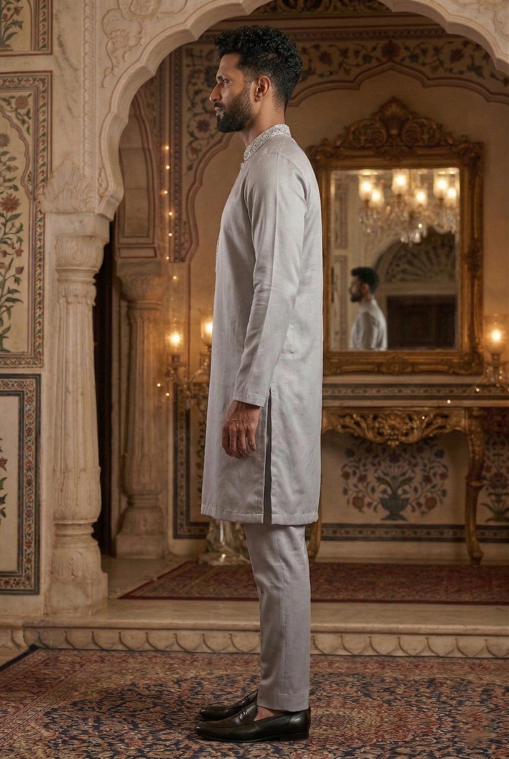 Men’s Silver Silk-Blend Partywear Kurta Pajama