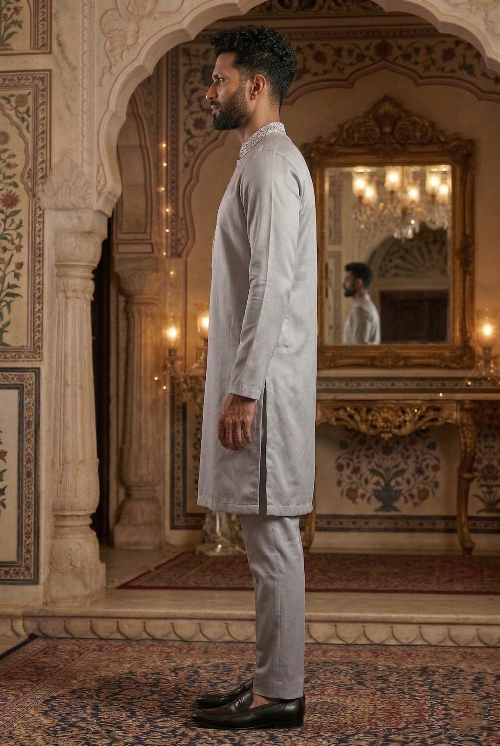 Men’s Silver Silk-Blend Partywear Kurta Pajama
