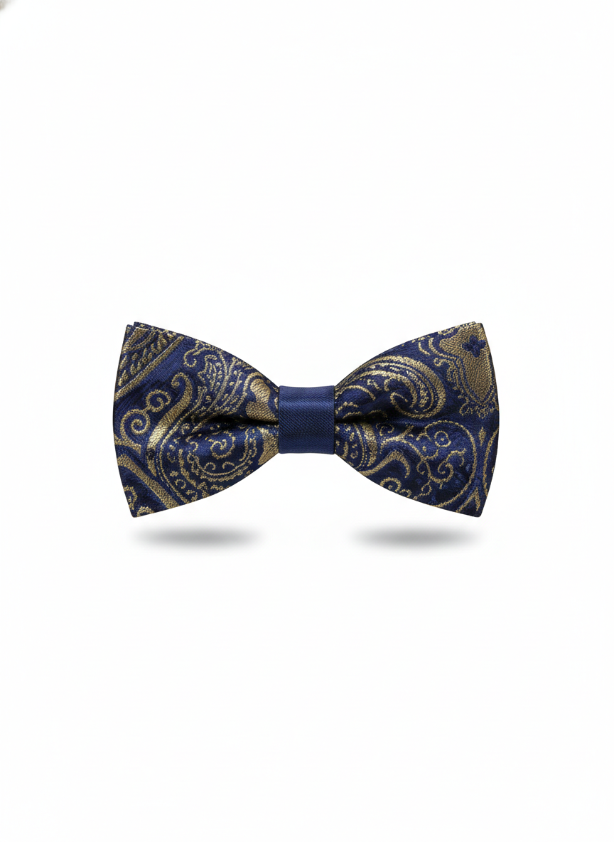 Luxurious Blue and Gold Paisley Pre-Tied Formal Bow Tie