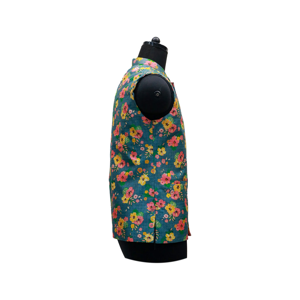 Men’s Teal Floral Printed Nehru Jacket with Ivory Kurta  Pajama – Festive & Wedding Wear