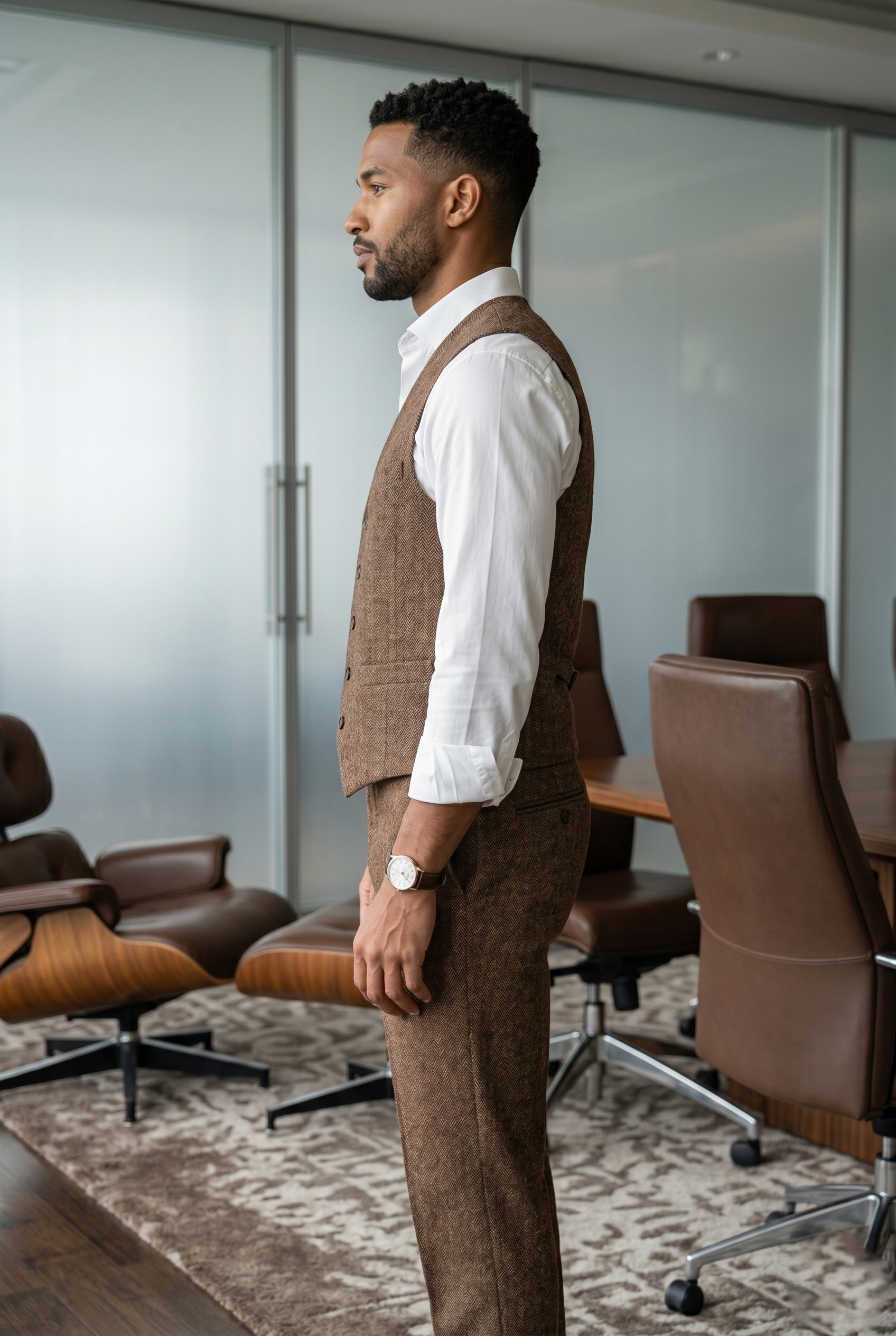 Men's Slim Fit Tweed Waistcoat Vintage Lapel Dress Suit Vest Chocolate Brown