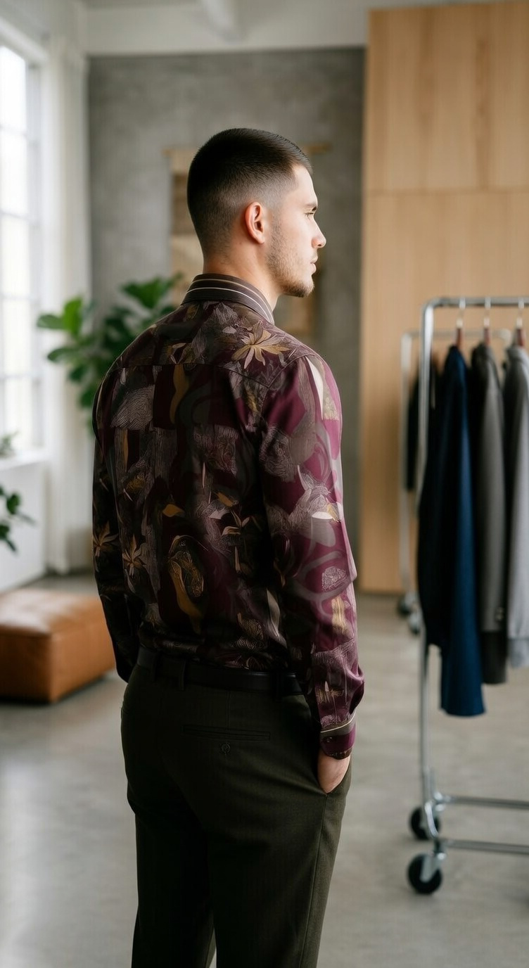 Men’s Designer Slim-Fit Abstract Mosaic Print Shirt – Burgundy & Olive Ochre