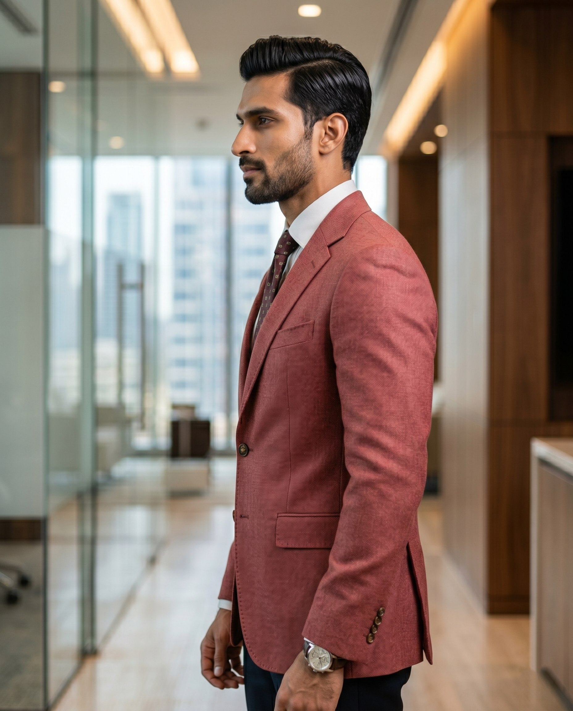 Premium Men's Slim Fit Dusty Rose Blazer Textured Single Breasted Suit Jacket