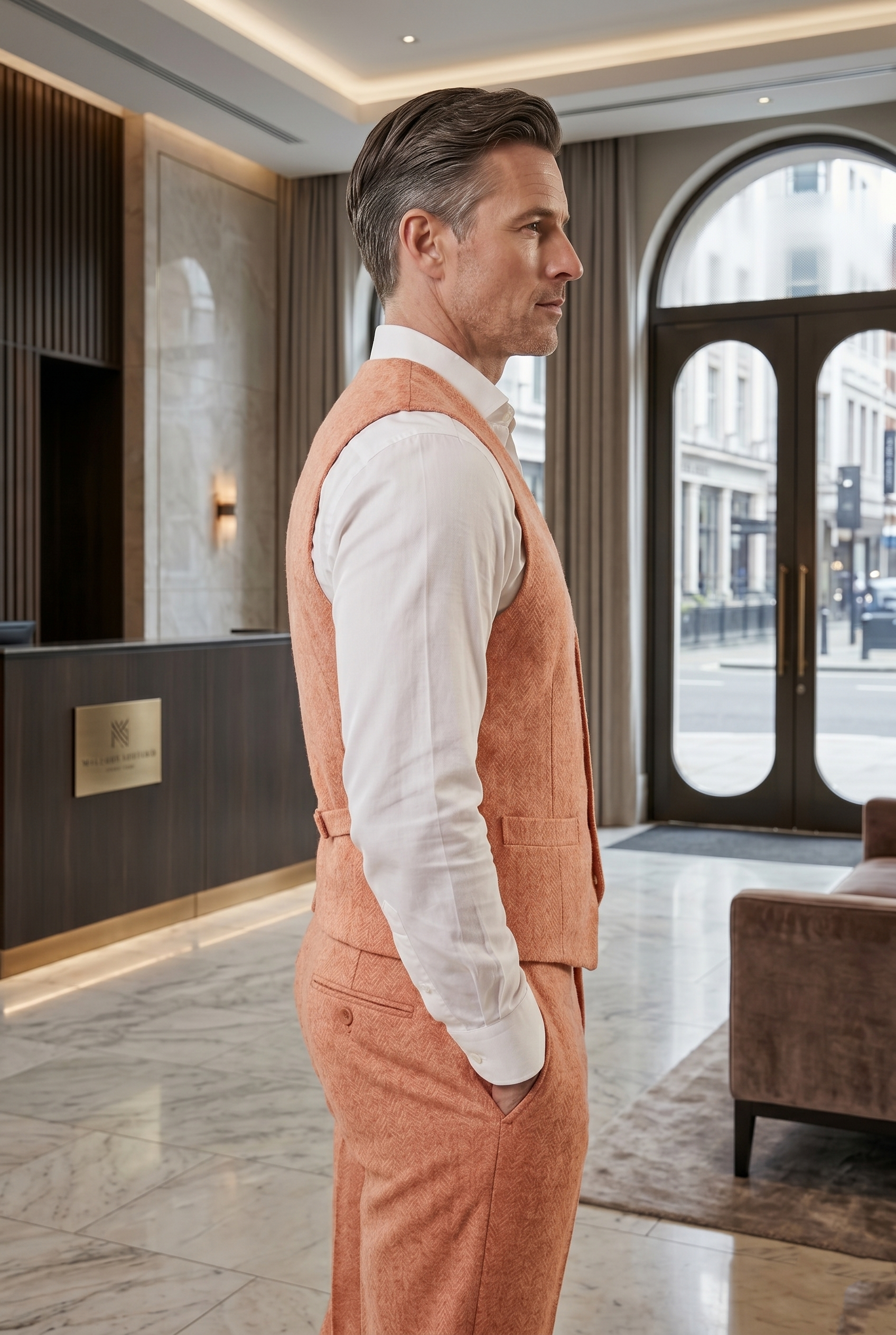 Men's Slim Fit Tweed Waistcoat Vintage Lapel Dress Suit Vest Peach Orange