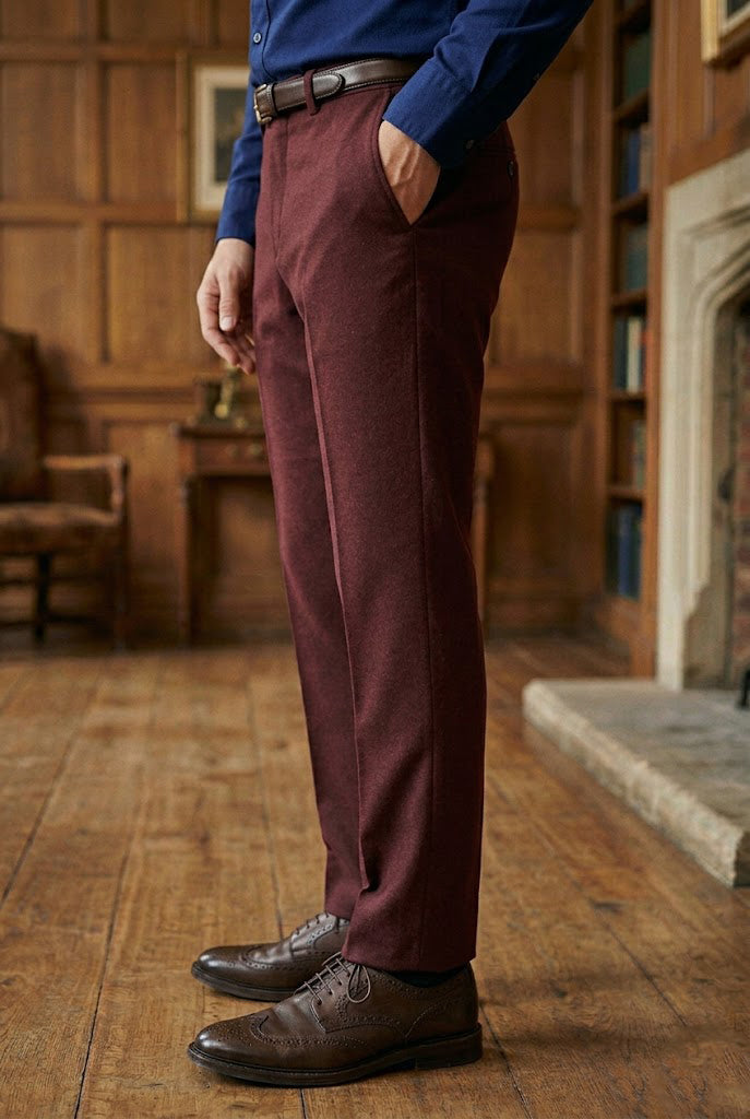Men's Burgundy Brushed Wool Flannel Tailored  Trousers