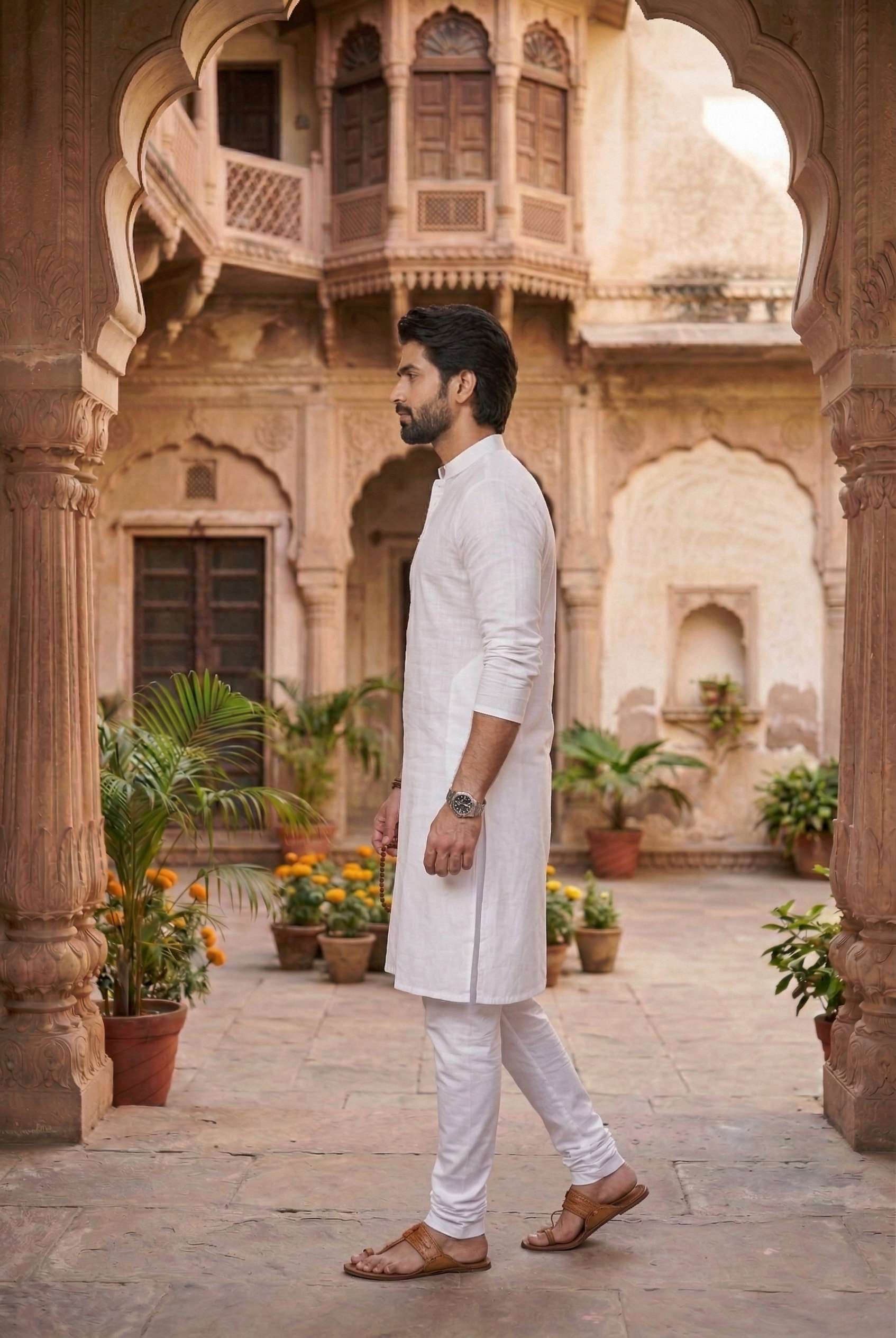 Men's Pure White Cotton Linen Plain Kurta Pajama Set