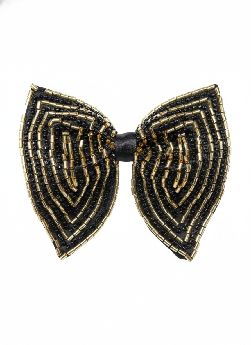 Striking Gold and Black Beaded Chevron Statement Bow Tie