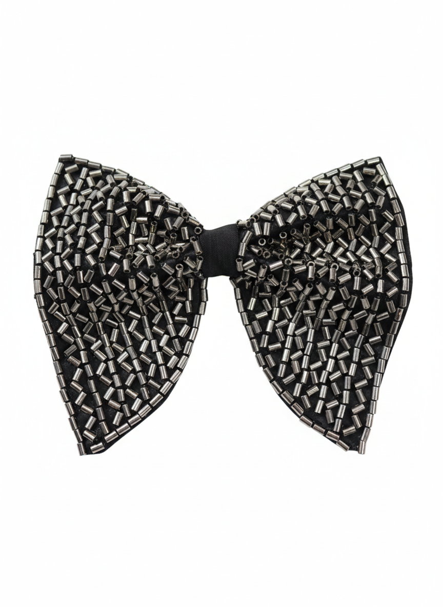 Stunning Black Bowtie with Textured Silver Bugle Bead Mosaic