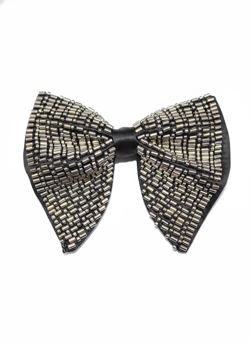 Sophisticated Black Bowtie with Striped Silver Bugle Beadwork Pattern