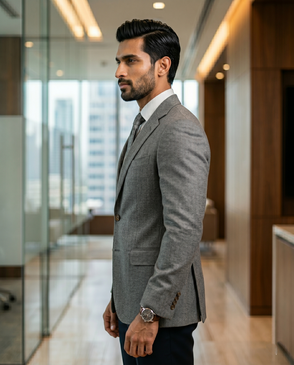 Premium Men's Slim Fit Grey Blazer Textured Single Breasted Suit Jacket