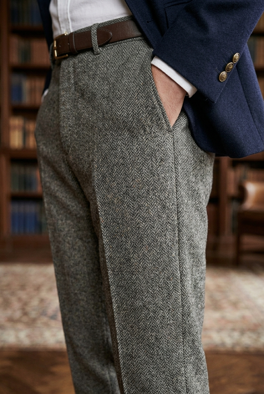 Men's Tailored Charcoal Herringbone Tweed  Trousers