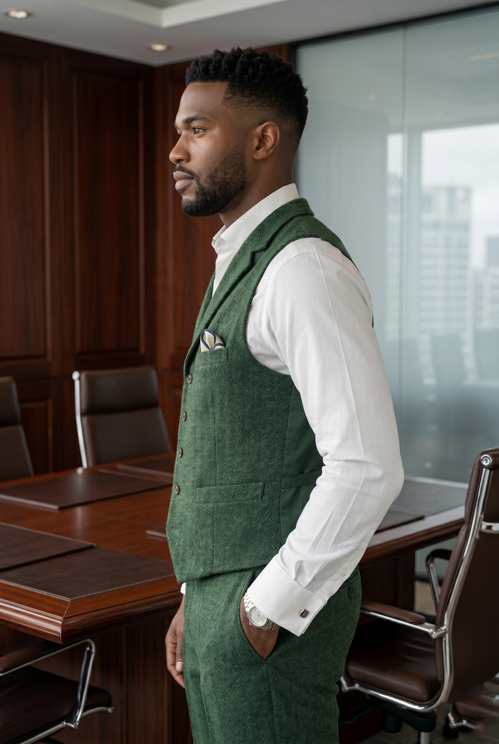 Men's Slim Fit Tweed Waistcoat Vintage Lapel Dress Suit Vest Sage Green