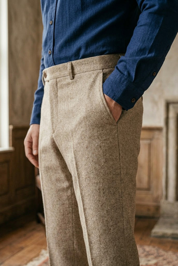 Men's Oatmeal Donegal Tweed Tailored Trousers