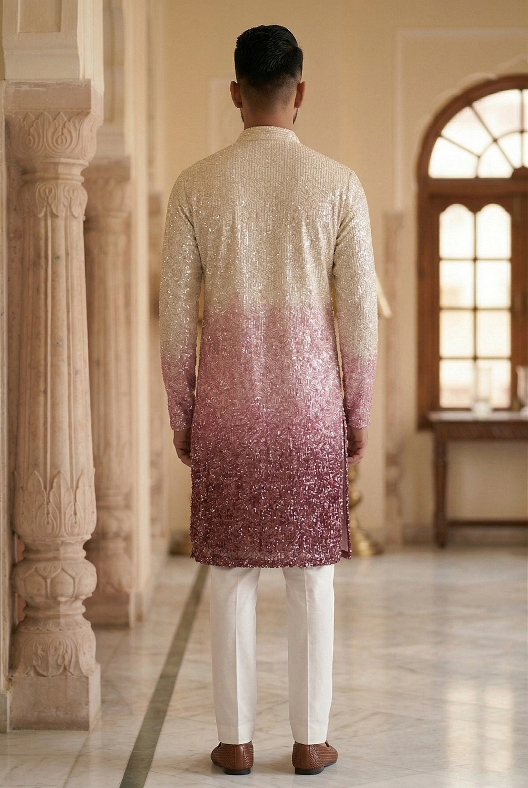 Men’s Ombre Sequin Designer Kurta Pajama in Wine & Cream