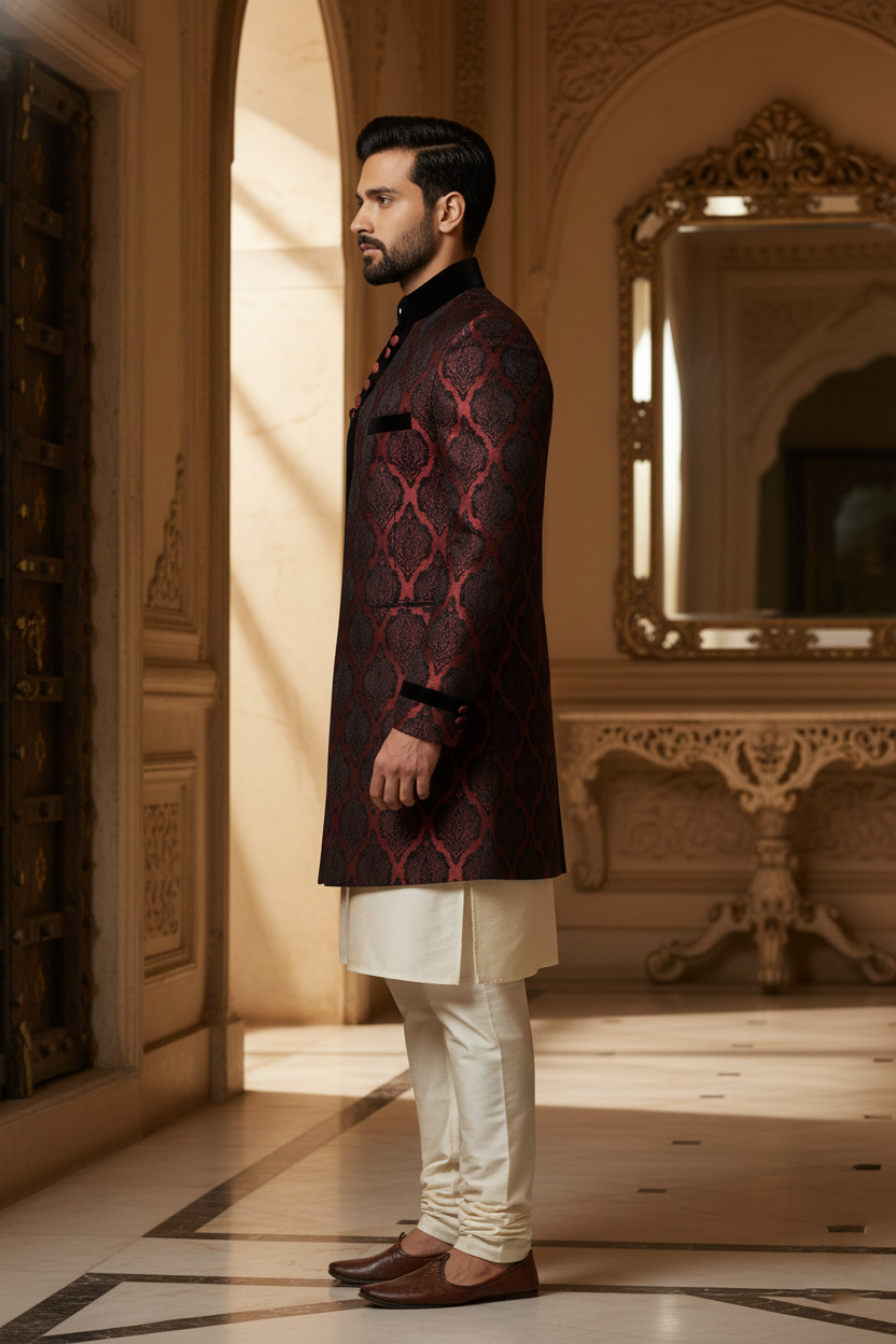 Maroon Velvet Accented Asymmetric Sherwani