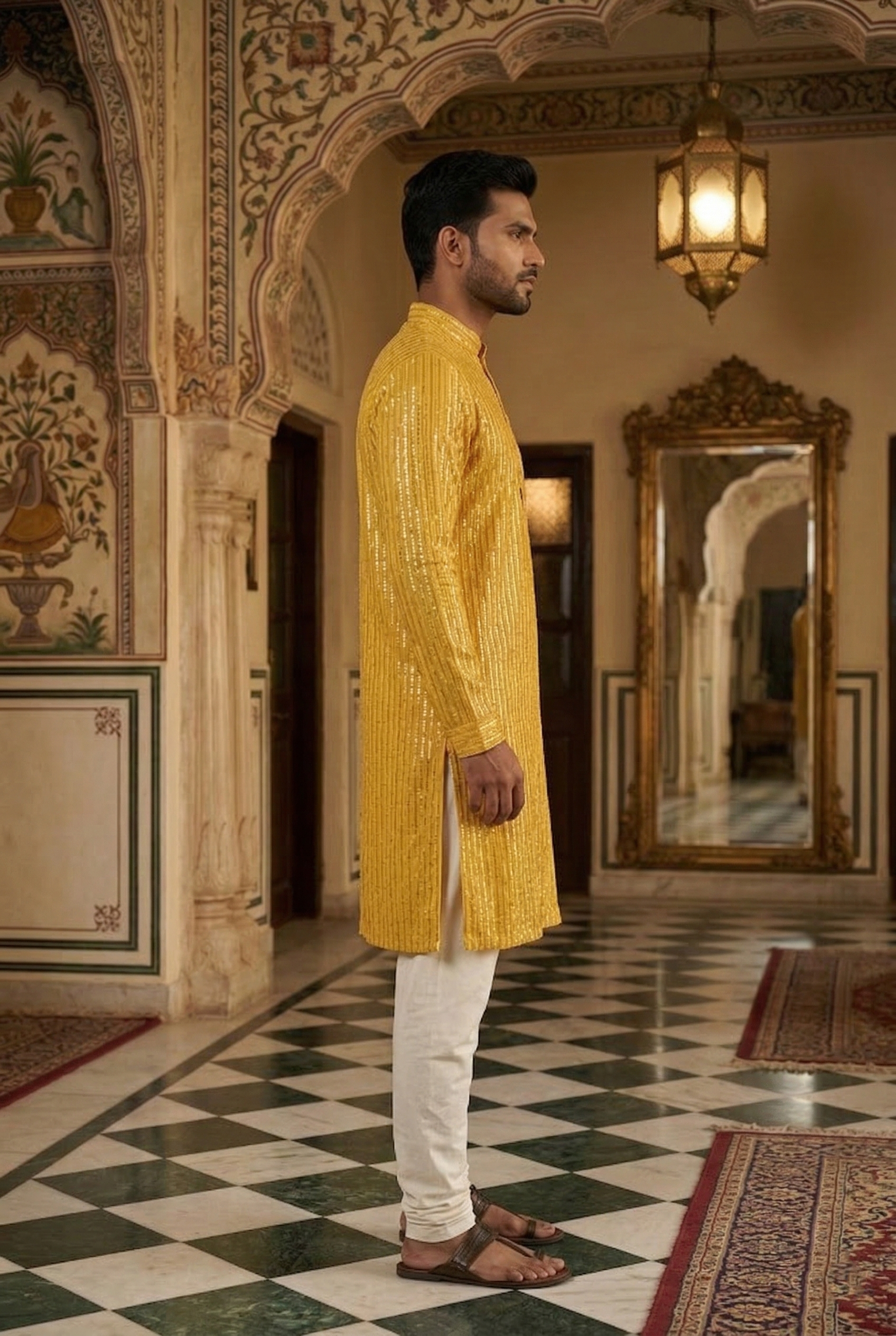 Men's Mustard Yellow Sequin Designer Kurta  Pajama