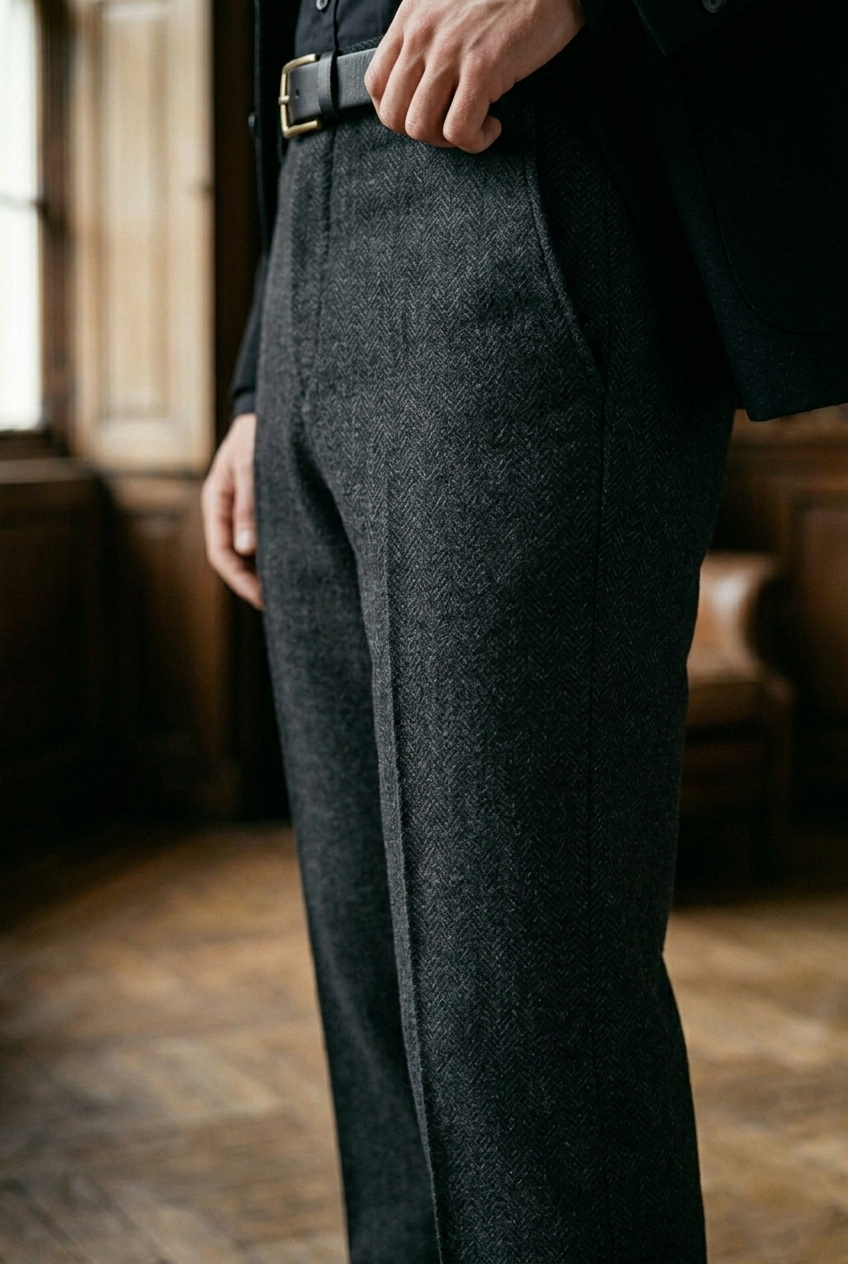 Men's Dark Charcoal Herringbone Tweed Cuffed  Trousers