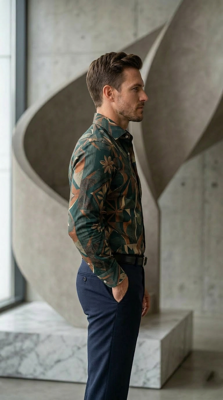 Men’s Designer Slim-Fit Abstract Botanical Mosaic Shirt – Forest & Bronze